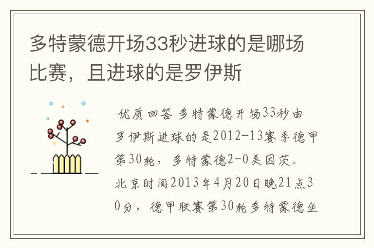 多特蒙德开场33秒进球的是哪场比赛，且进球的是罗伊斯