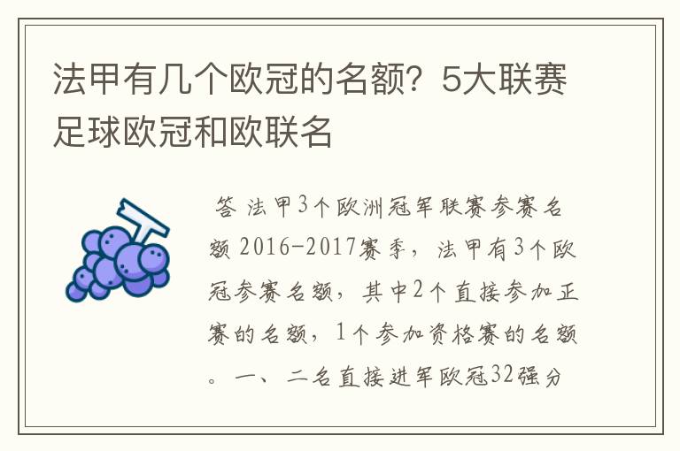 法甲有几个欧冠的名额？5大联赛足球欧冠和欧联名