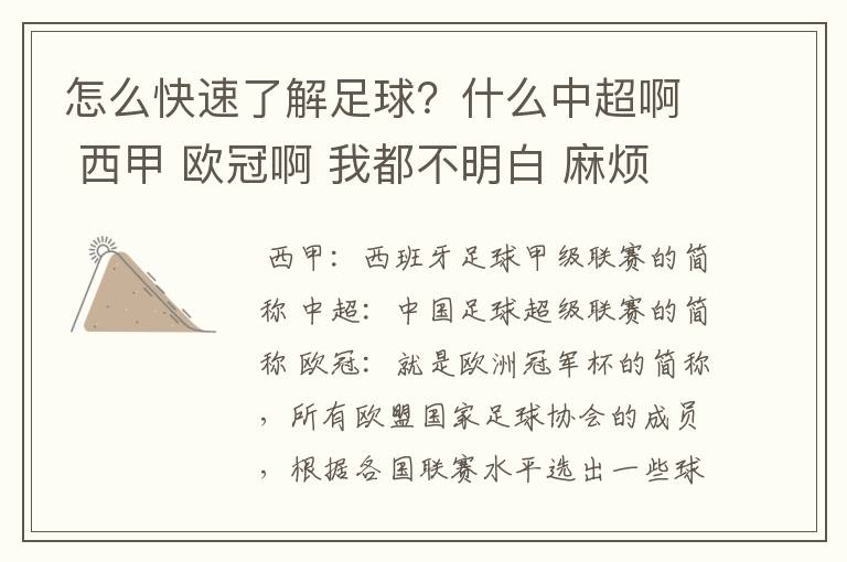 怎么快速了解足球？什么中超啊 西甲 欧冠啊 我都不明白 麻烦 有哪位特别了解足球的 跟我讲讲，多谢