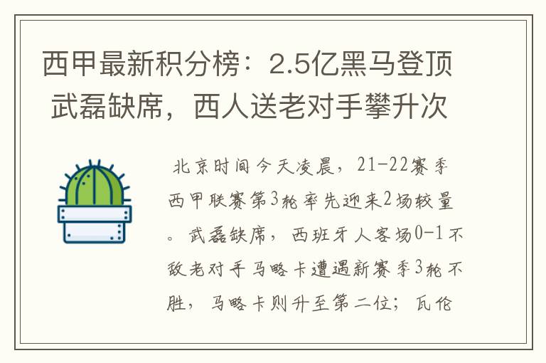 西甲最新积分榜：2.5亿黑马登顶 武磊缺席，西人送老对手攀升次席