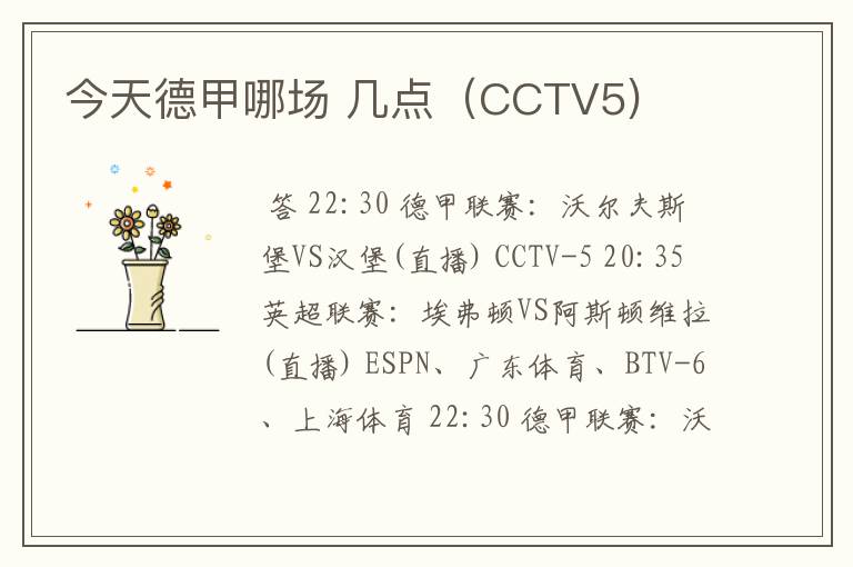 今天德甲哪场 几点（CCTV5)