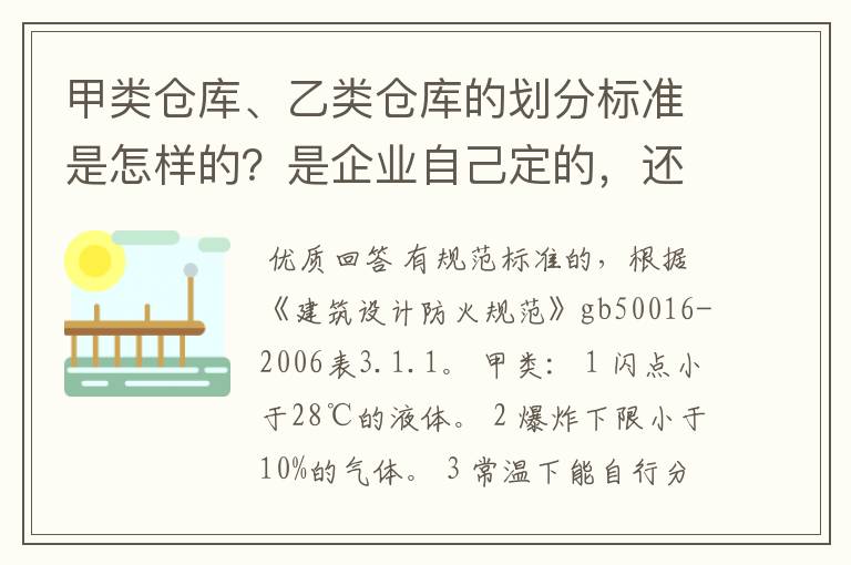 甲类仓库、乙类仓库的划分标准是怎样的？是企业自己定的，还是有规范标准的？