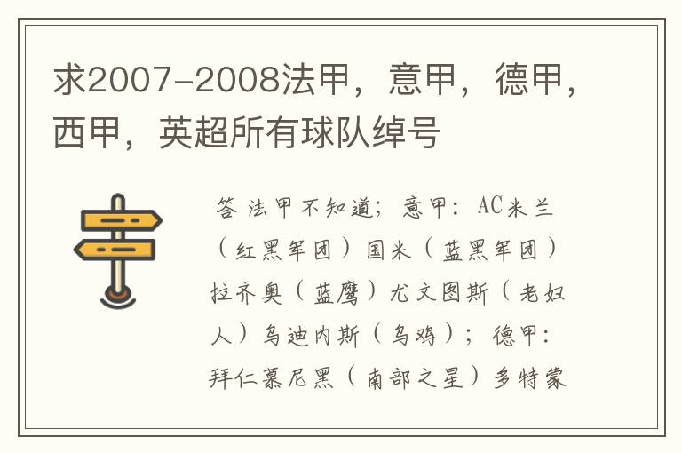 求2007-2008法甲，意甲，德甲，西甲，英超所有球队绰号