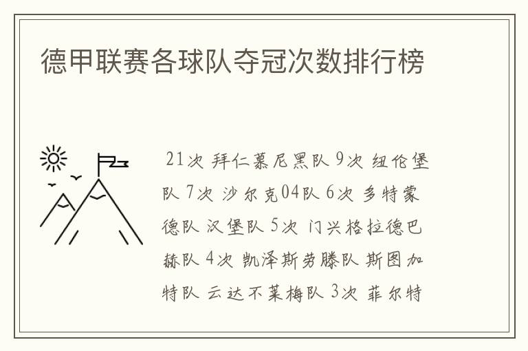 德甲联赛各球队夺冠次数排行榜