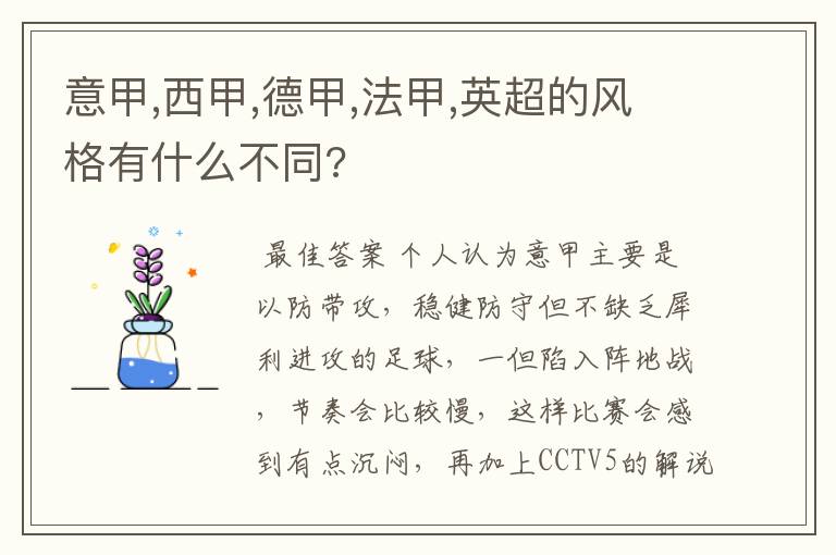 意甲,西甲,德甲,法甲,英超的风格有什么不同?