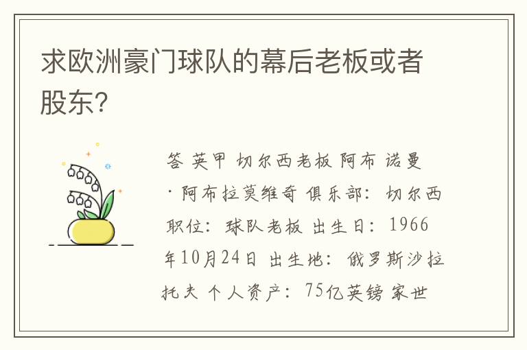 求欧洲豪门球队的幕后老板或者股东？