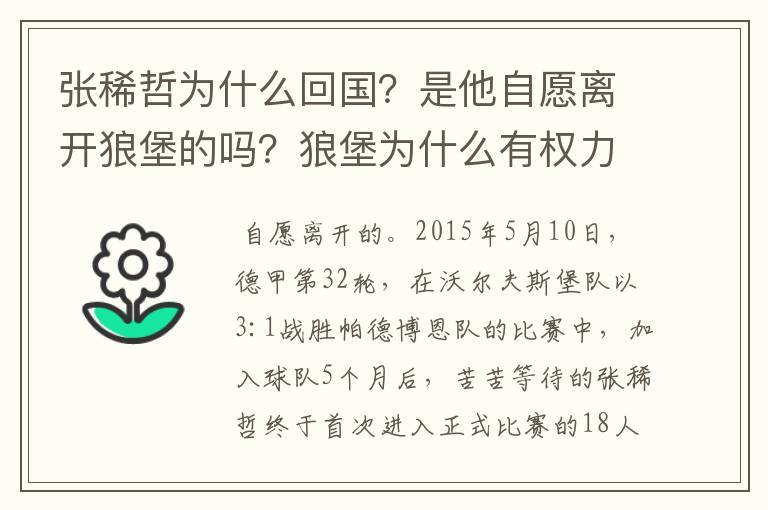 张稀哲为什么回国？是他自愿离开狼堡的吗？狼堡为什么有权力限制他不让他去德甲其他球队？