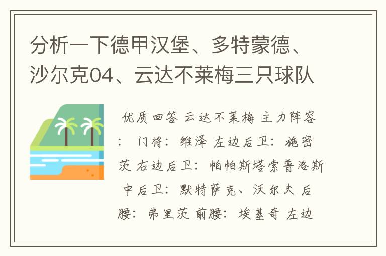 分析一下德甲汉堡、多特蒙德、沙尔克04、云达不莱梅三只球队的人员打法和阵型