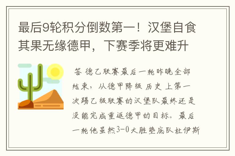 最后9轮积分倒数第一！汉堡自食其果无缘德甲，下赛季将更难升级