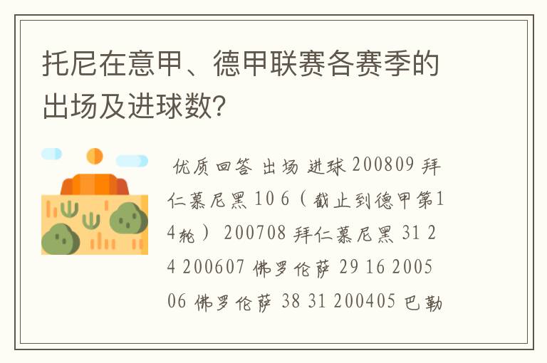 托尼在意甲、德甲联赛各赛季的出场及进球数？