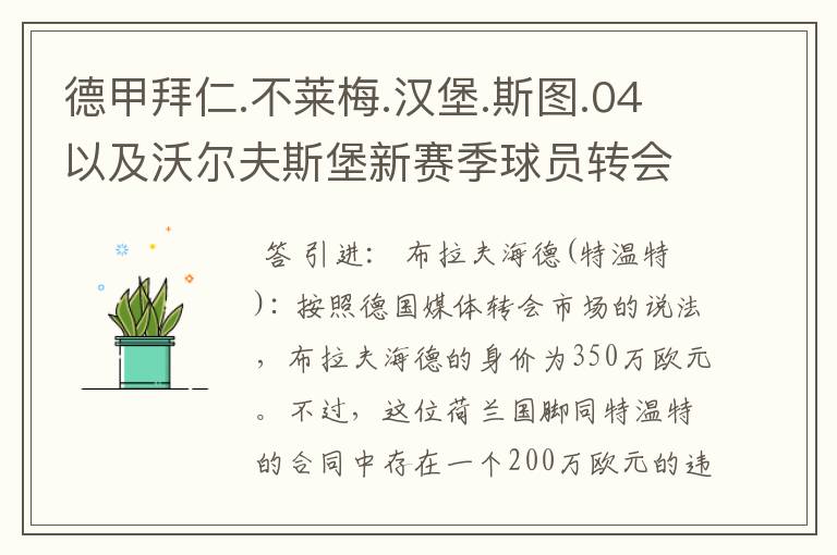 德甲拜仁.不莱梅.汉堡.斯图.04以及沃尔夫斯堡新赛季球员转会一览