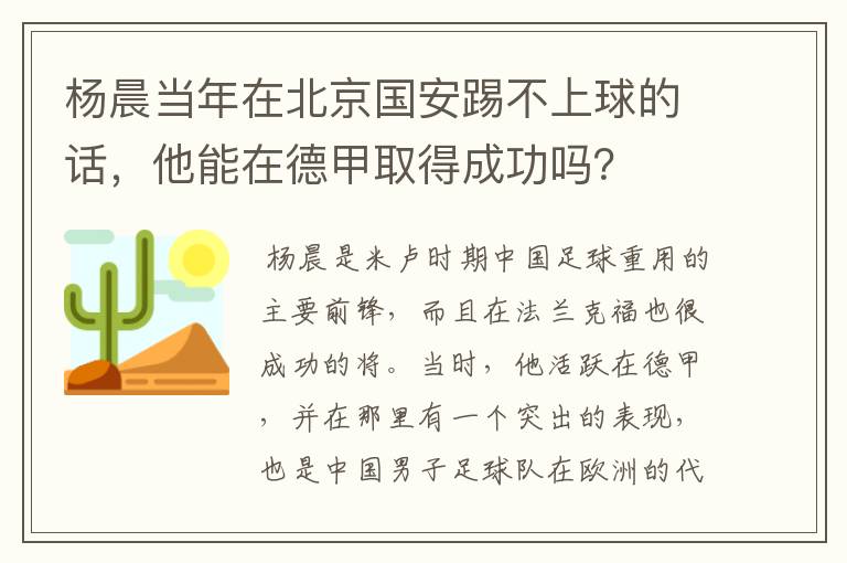 杨晨当年在北京国安踢不上球的话，他能在德甲取得成功吗？