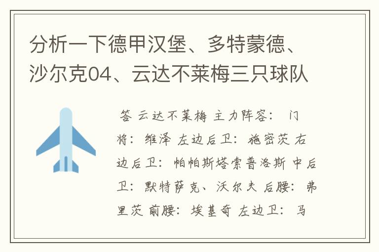 分析一下德甲汉堡、多特蒙德、沙尔克04、云达不莱梅三只球队的人员打法和阵型