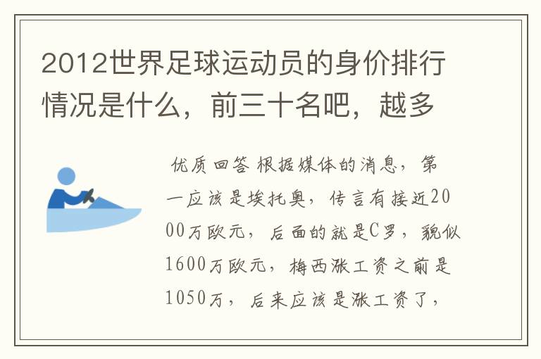 2012世界足球运动员的身价排行情况是什么，前三十名吧，越多越好哦~~