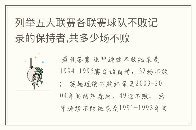 列举五大联赛各联赛球队不败记录的保持者,共多少场不败