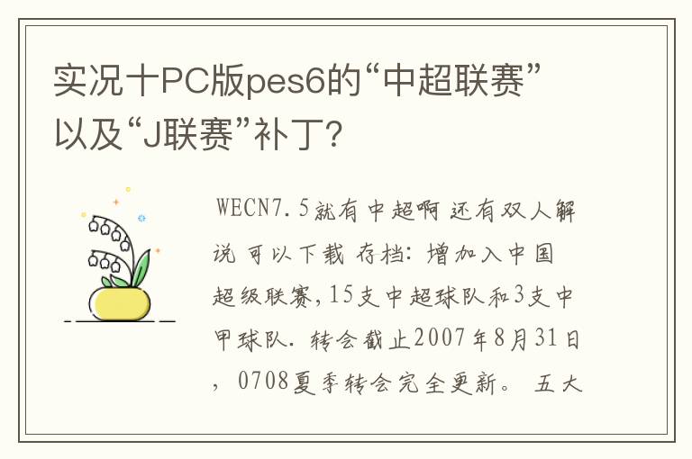 实况十PC版pes6的“中超联赛”以及“J联赛”补丁？