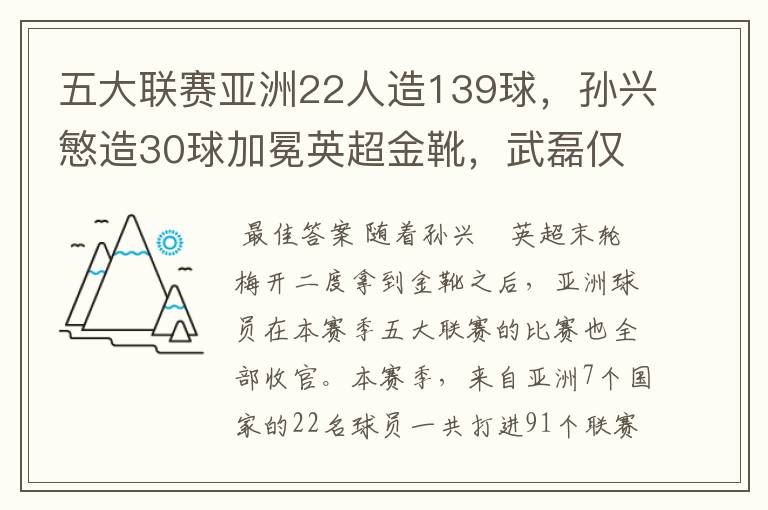 五大联赛亚洲22人造139球，孙兴慜造30球加冕英超金靴，武磊仅1球