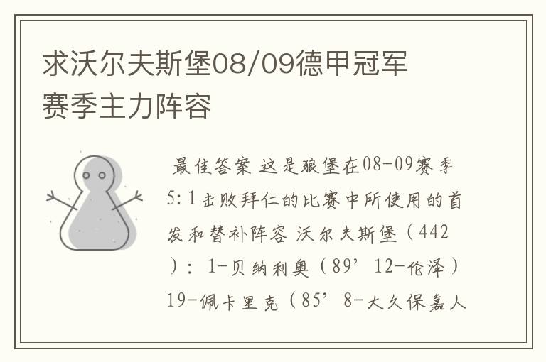 求沃尔夫斯堡08/09德甲冠军赛季主力阵容