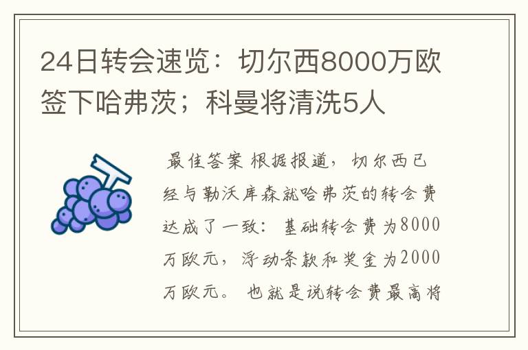 24日转会速览：切尔西8000万欧签下哈弗茨；科曼将清洗5人