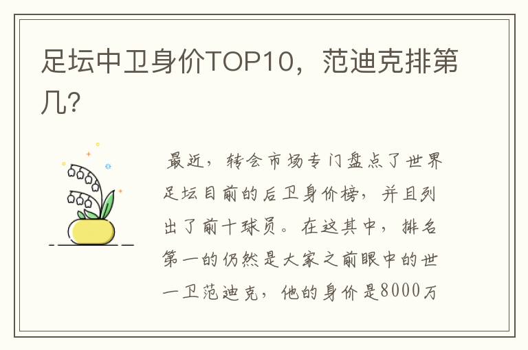 足坛中卫身价TOP10，范迪克排第几？