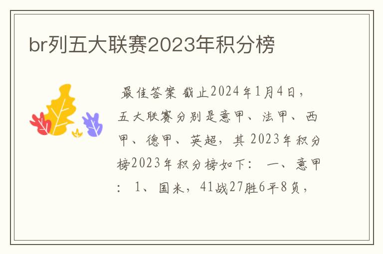 br列五大联赛2023年积分榜