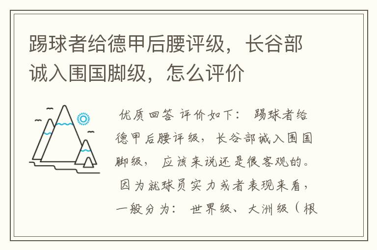 踢球者给德甲后腰评级，长谷部诚入围国脚级，怎么评价