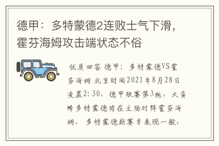 德甲：多特蒙德2连败士气下滑，霍芬海姆攻击端状态不俗