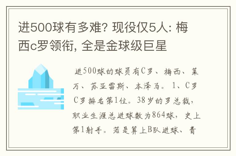 进500球有多难? 现役仅5人: 梅西c罗领衔, 全是金球级巨星