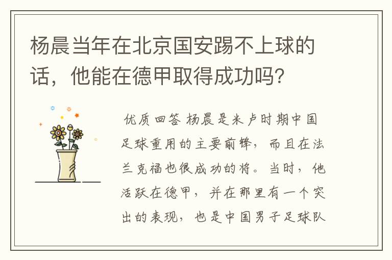 杨晨当年在北京国安踢不上球的话，他能在德甲取得成功吗？