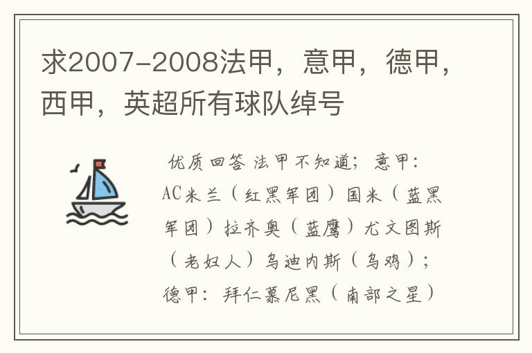 求2007-2008法甲，意甲，德甲，西甲，英超所有球队绰号