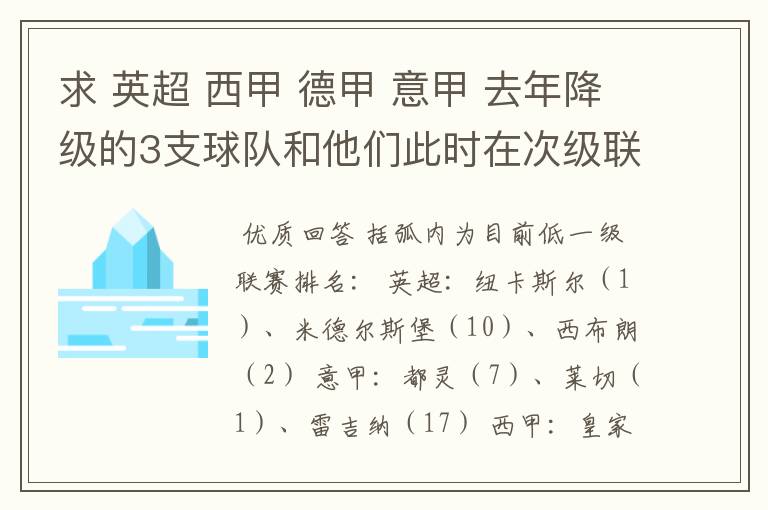 求 英超 西甲 德甲 意甲 去年降级的3支球队和他们此时在次级联赛的排名