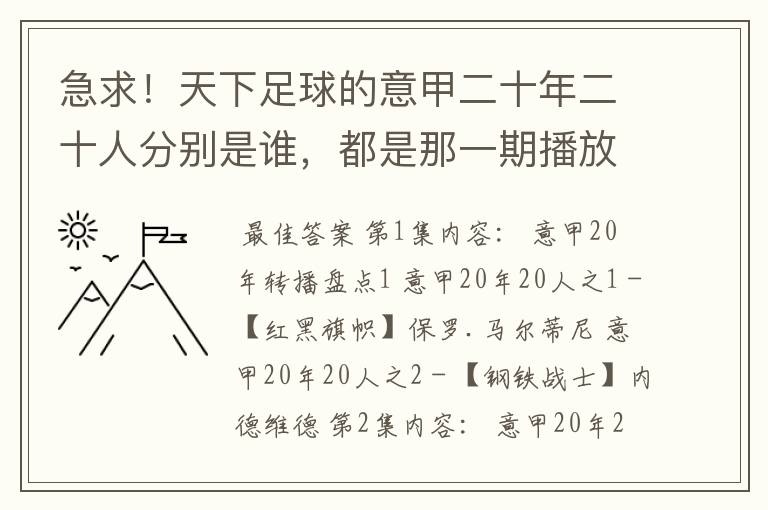 急求！天下足球的意甲二十年二十人分别是谁，都是那一期播放的