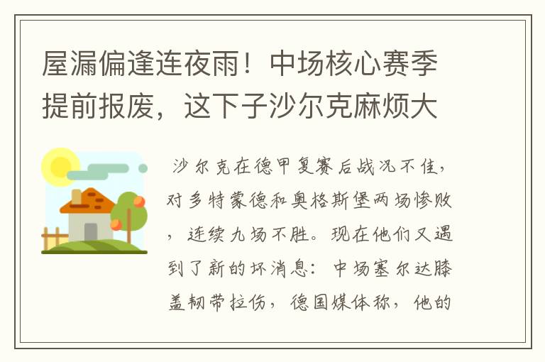 屋漏偏逢连夜雨！中场核心赛季提前报废，这下子沙尔克麻烦大了