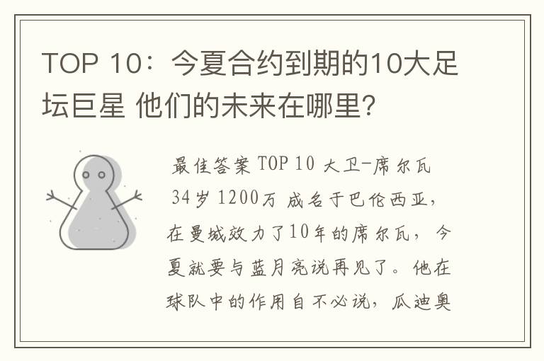 TOP 10：今夏合约到期的10大足坛巨星 他们的未来在哪里？