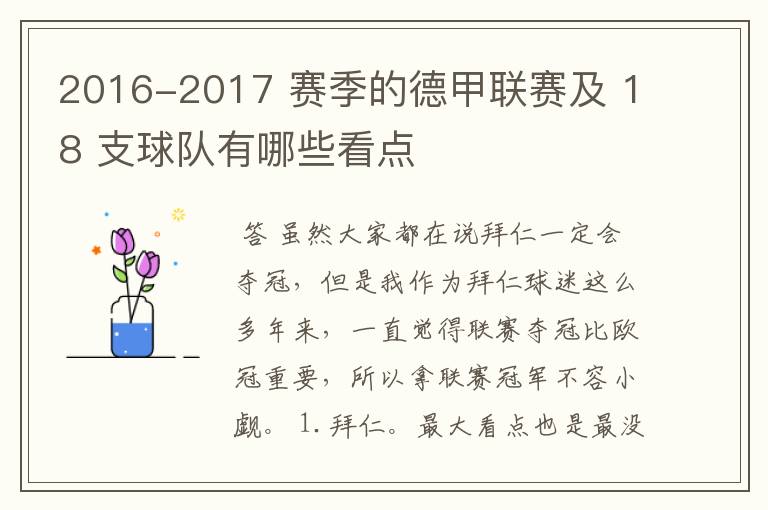 2016-2017 赛季的德甲联赛及 18 支球队有哪些看点