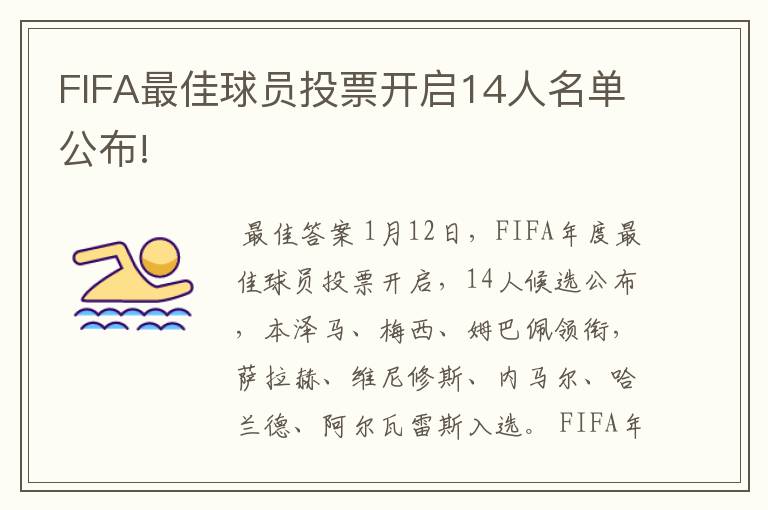 FIFA最佳球员投票开启14人名单公布!