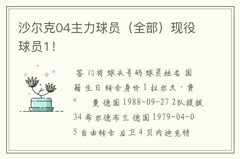 沙尔克04主力球员（全部）现役球员1！