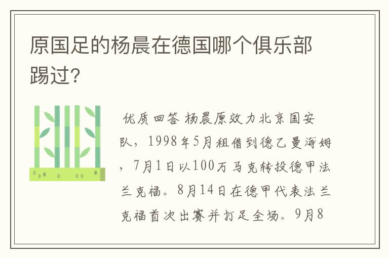 原国足的杨晨在德国哪个俱乐部踢过?