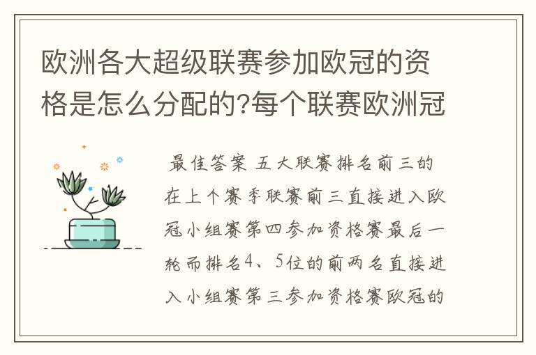 欧洲各大超级联赛参加欧冠的资格是怎么分配的?每个联赛欧洲冠军杯参赛队