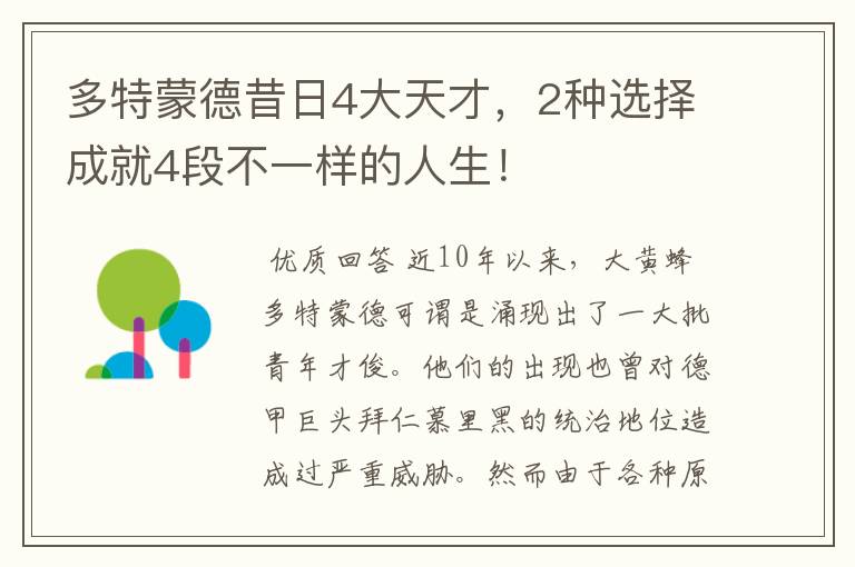 多特蒙德昔日4大天才，2种选择成就4段不一样的人生！