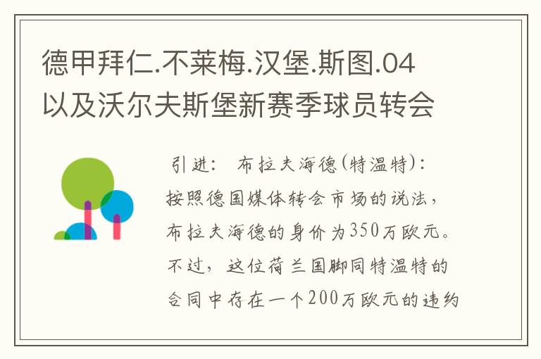 德甲拜仁.不莱梅.汉堡.斯图.04以及沃尔夫斯堡新赛季球员转会一览