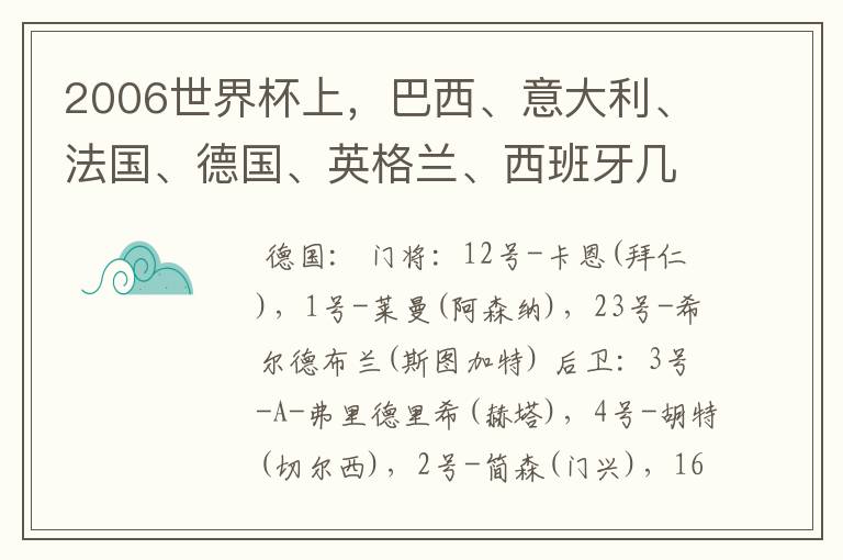 2006世界杯上，巴西、意大利、法国、德国、英格兰、西班牙几支队的首发11人球员中英文名单。