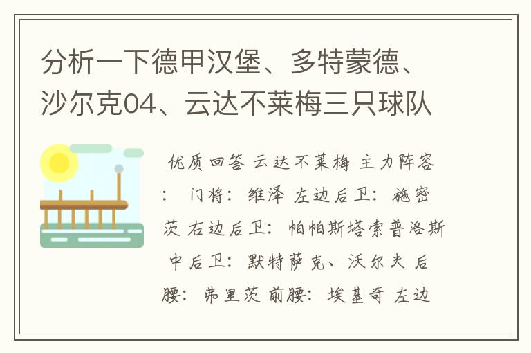 分析一下德甲汉堡、多特蒙德、沙尔克04、云达不莱梅三只球队的人员打法和阵型