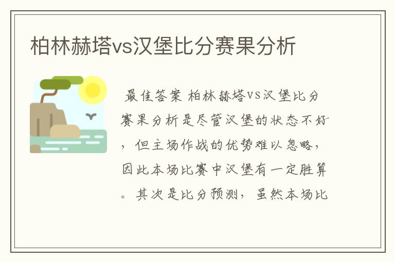 柏林赫塔vs汉堡比分赛果分析