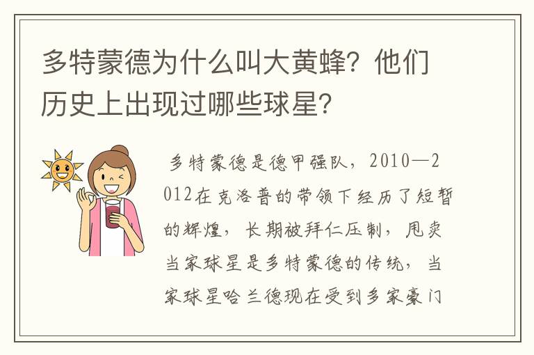 多特蒙德为什么叫大黄蜂？他们历史上出现过哪些球星？