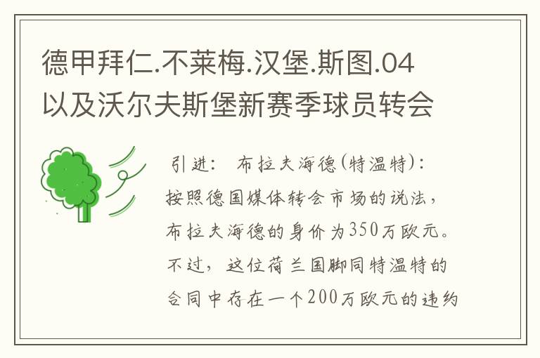 德甲拜仁.不莱梅.汉堡.斯图.04以及沃尔夫斯堡新赛季球员转会一览