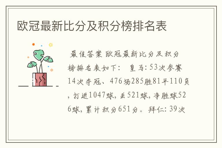 欧冠最新比分及积分榜排名表