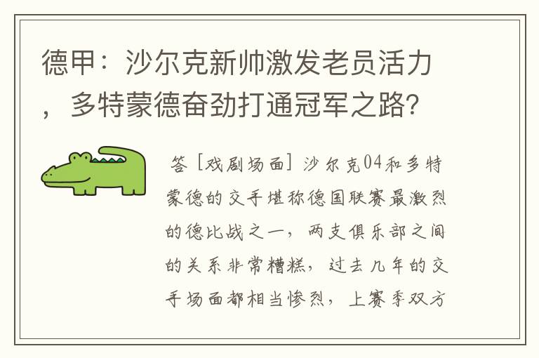 德甲：沙尔克新帅激发老员活力，多特蒙德奋劲打通冠军之路？