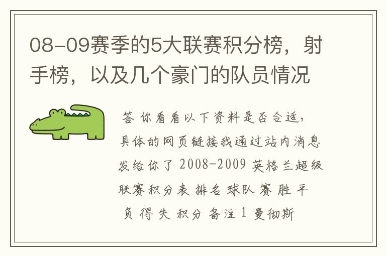 08-09赛季的5大联赛积分榜，射手榜，以及几个豪门的队员情况表，最好要有excel表格，不是也行