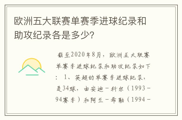 欧洲五大联赛单赛季进球纪录和助攻纪录各是多少？